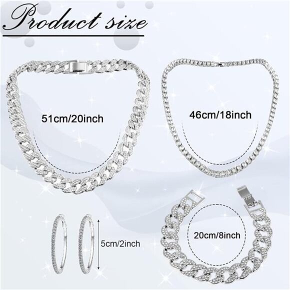 Cuban Link Jewelry Set – Women's 4-Piece Rhinestone Necklace, Bracelet, Earrings - Picture 2 of 5